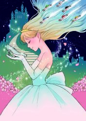 Rule 34 | 1girl, absurdres, blonde hair, blush, castle, cinderella, cinderella (grimm), closed eyes, closed mouth, crown, dress, elbow gloves, floating hair, flower, from side, gloves, highres, long sleeves, petals, pink flower, profile, romiy, smile, solo, stairs, standing, white dress, white gloves