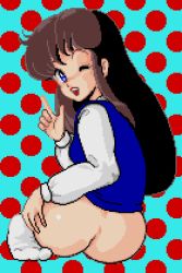 Rule 34 | 1girl, ass, blue background, blue eyes, blue sweater vest, bottomless, breasts, brown hair, from behind, index finger raised, long hair, long sleeves, looking at viewer, looking back, one eye closed, open mouth, pixel art, polka dot, polka dot background, puzznic, saiwai hiroshi, school uniform, shirt, sitting, small breasts, smile, socks, sweater vest, taito, white shirt, white socks, wink