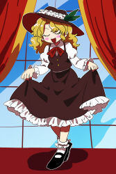 Rule 34 | 1girl, black footwear, blonde hair, blush, bobby socks, bollzzalguy, bow, bowtie, brown skirt, brown vest, buttons, closed eyes, collared shirt, day, frilled hat, frilled skirt, frilled sleeves, frills, full body, hat, hat feather, highres, indoors, jacket girl (dipp), juliet sleeves, long hair, long sleeves, mary janes, open mouth, puffy sleeves, red bow, red bowtie, red curtains, shirt, shoes, skirt, skirt hold, skirt set, socks, solo, standing, touhou, vest, wavy hair, white shirt, white socks, window
