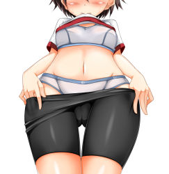 Rule 34 | 10s, 1girl, bad id, bad pixiv id, bike shorts, bike shorts pull, blush, brown hair, cameltoe, cleft of venus, clothes lift, clothes pull, commentary request, cowboy shot, from below, girls und panzer, green skirt, isobe noriko, kurokoshou (emuburemu123), lifting own clothes, midriff, navel, out of frame, panties, pulling own clothes, shirt, shirt lift, short hair, shorts, shorts pull, simple background, skirt, skirt lift, solo, sports bra, standing, stomach, thigh gap, underwear, white background, white panties