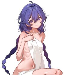 Rule 34 | 1girl, absurdres, blue eyes, blue hair, braid, breasts, closed mouth, commentary, crossed bangs, english commentary, hair between eyes, hand up, highres, holding, holding towel, long braid, looking at viewer, mushoku tensei, navel, roxy migurdia, simple background, sitting, small breasts, solo, sydus, towel, twin braids, upper body, white background, white towel
