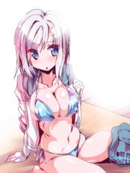 Rule 34 | 10s, 1girl, arm support, bikini, blue eyes, blush, breasts, cleavage, female focus, gloves, gradient background, hair ornament, hamakaze (kancolle), jacket, kantai collection, large breasts, miuku (marine sapphire), navel, open mouth, short hair, silver hair, sitting, solo, swimsuit, white gloves