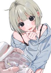 1girl 1other ahoge anger_vein black_bra black_eyes blunt_bangs blush bob_cut bra choppy_bangs crumbs dilated_pupils food from_above grey_hair hamafugu hand_on_own_chin highres jacket open_clothes open_jacket original pudding short_hair underwear white_background wide-eyed