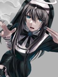 Rule 34 | 1girl, ado (utaite), between fingers, black bow, black bowtie, black dress, black hair, black thighhighs, black veil, blue eyes, blue flower, blue hair, blue nails, blue rose, bow, bowtie, chando (ado), cigarette, cloud nine inc, coif, colored inner hair, commentary, dress, dutch angle, eyelashes, finger gun, finger gun to head, fingernails, flower, flower brooch, from above, garter straps, grey background, habit, hair between eyes, halo, hands up, highres, holding, holding cigarette, kamippoina (vocaloid), long fingernails, long hair, long sleeves, looking at viewer, looking up, mole, mole under eye, multicolored hair, nail polish, nun, open mouth, rose, sidelocks, smoke, smoke trail, solo, spica (spica5f9ea0), thighhighs, two-tone hair, utaite, veil