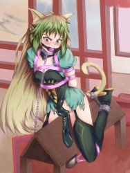 Rule 34 | 1girl, animal ears, arms behind back, atalanta (fate), ball gag, bdsm, blonde hair, blush, bondage, bound, bound ankles, breasts, collar, dress, fate/grand order, fate (series), gag, gagged, green eyes, green hair, highres, kagyakusetsu, leash, long hair, multicolored hair, solo, tail, torn clothes, weights, wooden horse