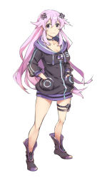 Rule 34 | &gt;:), 10s, 1girl, adult neptune, boots, breasts, choker, cleavage, closed mouth, collarbone, d-pad, female focus, full body, ge-b, hair ornament, hands in pockets, holster, hood, hooded track jacket, hoodie, jacket, large breasts, long hair, long sleeves, looking at viewer, neptune (neptunia), neptune (series), no pants, puffy long sleeves, puffy sleeves, purple eyes, purple hair, shin jigen game neptune vii, sidelocks, solo, thigh holster, track jacket, v-shaped eyebrows, very long hair, white background