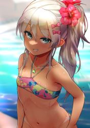 Rule 34 | 1girl, aqua eyes, bikini, bikini bottom pull, bikini tan, blurry, blurry background, blush, bow, commentary, flat chest, flower, grecale (kancolle), grin, groin, hair between eyes, hair bow, hibiscus, highres, jewelry, kantai collection, looking at viewer, multicolored bikini, multicolored clothes, necklace, out-of-frame censoring, pink bow, platinum blonde hair, ponytail, pulled by self, rampage 2nd, red flower, side ponytail, sidelocks, smile, solo, sparkle, swimsuit, tan, tanline, water, wet