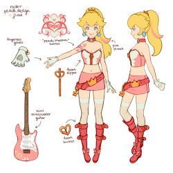 Rule 34 | 1girl, alternate costume, arm tattoo, blonde hair, blue eyes, breasts, character sheet, choker, cleavage, commentary, earrings, electric guitar, english commentary, english text, fender stratocaster, fingerless gloves, gloves, guitar, instrument, jivke, mario (series), medium breasts, midriff, multiple views, navel, nintendo, pink choker, princess peach, sphere earrings, tattoo, white background