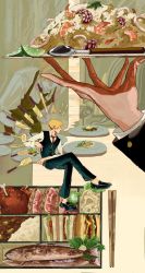 Rule 34 | 1boy, absurdres, avenoirn, bento, blonde hair, burger, curry, curry rice, fish, food, fried rice, highres, kitchen knife, crossed legs, long sleeves, male focus, meat, one piece, rice, sandwich, sanji (one piece), shrimp, solo, vest