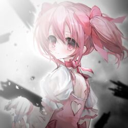 1girl anal_bb gloves hair_ribbon highres kaname_madoka looking_at_viewer looking_to_the_side mahou_shoujo_madoka_magica neck_ribbon pink_eyes pink_hair pink_ribbon ribbon short_sleeves short_twintails solo twintails upper_body white_gloves