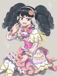Rule 34 | 1girl, absurdres, anisakisu, black hair, blue eyes, bow, capelet, commentary request, crescent, dress, fang, feet out of frame, frilled dress, frills, gaaruru (pripara), gold trim, grey background, hand up, headphones, highres, idol clothes, long hair, long sleeves, looking at viewer, open mouth, pink bow, pretty series, pretty series, pripara, sidelocks, solo, twintails, white capelet, white dress