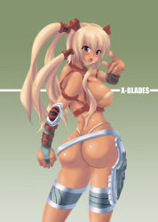 Rule 34 | ass, ayumi (x-blades), blonde hair, blue eyes, breasts, kihaiu, large breasts, looking back, open mouth, pointing, thong, x-blades