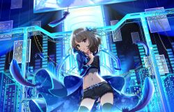 Rule 34 | artist request, city lights, cityscape, crop top, cropped jacket, feathers, highres, jacket, midriff, shorts, takagaki kaede, wallpaper