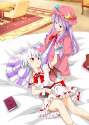 Rule 34 | 2girls, arm support, ascot, blanket, blue hair, bluekalmia, book, brooch, capelet, chair, crescent, crescent hair ornament, dress, hair ornament, hand in another&#039;s hair, hat, hat ribbon, indoors, jewelry, lap pillow, long hair, long sleeves, looking at another, lying on person, mob cap, multiple girls, no headwear, parted lips, patchouli knowledge, purple eyes, purple hair, red eyes, remilia scarlet, ribbon, robe, rug, short hair, short sleeves, sitting, skirt, skirt set, striped clothes, striped dress, table, touhou, wrist cuffs