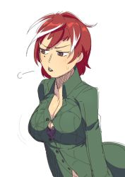 Rule 34 | atlus, blush, bra, breasts, brown eyes, button gap, cleavage, dankmaths, highres, large breasts, lipstick, makeup, multicolored hair, persona, persona 2, red hair, serizawa ulala, short hair, spider web print, sweat, underwear