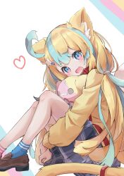 Rule 34 | 1girl, :d, ahoge, amakawa hano, animal ear fluff, animal ears, aqua hair, blonde hair, blue eyes, cat ears, collar, hair ornament, hairclip, halu 1113, heart, highres, loafers, long hair, long sleeves, low twintails, multicolored eyes, open mouth, plaid, plaid skirt, pleated skirt, re:act, shoes, simple background, sitting, skirt, smile, socks, stitches, stuffed toy, tail, twintails, virtual youtuber, white background