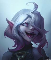 Rule 34 | 1girl, absurdres, ahoge, artist name, briar (league of legends), colored sclera, colored skin, gradient background, grey skin, hair over one eye, highres, league of legends, medium hair, multicolored hair, open mouth, pink hair, pointy ears, portrait, red sclera, saliva, sharp teeth, sidelocks, signature, simple background, smile, solo, streaked hair, teeth, two-tone hair, vampire, white eyes, white hair, zs hiyuan