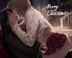 Rule 34 | 2girls, ass grab, black hair, brown hair, candle, character request, christmas tree, clothes lift, copyright request, english text, highres, jacket, korean commentary, long hair, merry christmas, multiple girls, pleated skirt, rangrarii, short hair, skirt, sweater, sweater lift, undressing another, window, yuri