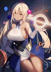 Rule 34 | 1girl, bare shoulders, black hole, blonde hair, breasts, dark-skinned female, dark skin, dress, elbow gloves, giant, giantess, gloves, hair ornament, highres, hololive, hololive english, large breasts, long hair, looking at viewer, neck ribbon, nyan (reinyan 007), planet, planet hair ornament, ribbon, see-through, sideboob, sleeveless, sleeveless dress, smile, solo, thighs, tsukumo sana, tsukumo sana (1st costume), twintails, very long hair, virtual youtuber, white dress, white gloves, yellow eyes