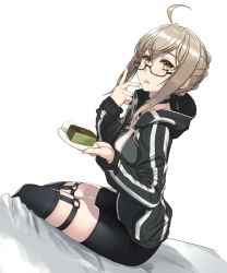Rule 34 | 1girl, ahoge, artoria pendragon (fate), black jacket, black shorts, black thighhighs, blonde hair, blouse, braid, breasts, cake, commentary request, fate (series), food, glasses, hair between eyes, highres, holding, jacket, long sleeves, looking at viewer, medium breasts, multicolored clothes, multicolored jacket, mysterious heroine x alter (fate), mysterious heroine x alter (second ascension) (fate), nonderi, semi-rimless eyewear, shirt, shorts, simple background, sitting, solo, thighhighs, two-tone jacket, white background, white shirt, yellow eyes