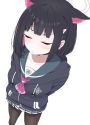 Rule 34 | 1girl, animal ears, arms behind back, black hair, black jacket, black pantyhose, blue archive, cat ears, closed eyes, closed mouth, colored inner hair, extra ears, hair ornament, hairclip, halo, highres, jacket, kazusa (blue archive), multicolored hair, pantyhose, pink hair, pleated skirt, short hair, simple background, skirt, solo, standing, unamaso, white background, white skirt