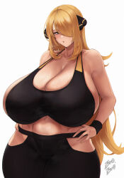 Rule 34 | 1girl, :o, absurdres, armpit peek, artist name, bare shoulders, black sports bra, black wristband, blonde hair, blush, bra, breasts, cameltoe, cleavage, collarbone, creatures (company), curvy, cynthia (pokemon), game freak, grey eyes, hair ornament, hair over one eye, hands on own hips, highres, hip vent, huge breasts, long hair, looking at viewer, midriff, navel, nintendo, open mouth, plump, pokemon, pokemon dppt, skindentation, solo, sports bra, sportswear, sweat, underwear, very long hair, white background, wristband, zer0.zer0