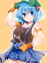 Rule 34 | 1girl, adjusting clothes, adjusting headwear, arm up, armlet, bad id, bad pixiv id, bare arms, bare shoulders, black tank top, blue eyes, blue hair, blue jacket, breasts, cabbie hat, cleavage, clothes around waist, collarbone, commentary request, cowboy shot, denim, denim shorts, gloves, green hat, hair between eyes, hair bobbles, hair ornament, hat, highres, holding, holding wrench, jacket, jacket around waist, kawashiro nitori, large breasts, looking at viewer, orange gloves, outline, partial commentary, shibi1902, short hair, short shorts, shorts, simple background, smile, solo, standing, strap slip, suspenders, tank top, touhou, two side up, white outline, wrench, yellow background