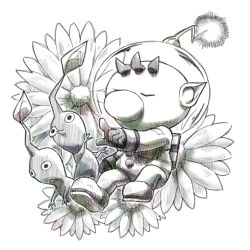 Rule 34 | 1boy, backpack, bag, big nose, blue pikmin, buttons, closed eyes, commentary request, floral background, greyscale, helmet, leaf, male focus, monochrome, naru (wish field), nintendo, no mouth, olimar, outstretched arm, patch, pikmin (creature), pikmin (series), pointing, pointing forward, pointy ears, pointy nose, radio antenna, red pikmin, short hair, space helmet, spacesuit, triangle mouth, very short hair, white background
