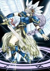 Rule 34 | 1girl, armor, armored dress, braid, lenneth valkyrie, low-braided long hair, low-tied long hair, magic circle, sword, valkyrie profile (series), weapon, wings
