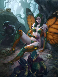 Rule 34 | 1girl, bare shoulders, blood, bone, boots, breasts, butterfly wings, cleavage, gloves, green hair, helmet, injury, insect wings, james ryman, legend of the cryptids, long hair, mask, midriff, monster, official art, pointy ears, polearm, rock, sitting, skull, solo, solo focus, spear, sword, teeth, topless male, tree, watermark, weapon, web address, wings, yellow eyes