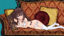 Rule 34 | 1girl, bare legs, bare shoulders, blue background, blue eyes, blush, bra, breasts, brown hair, closed mouth, collarbone, couch, cushion, elisia valfelto, hair between eyes, hair intakes, hands up, lace, lace-trimmed legwear, lace trim, long hair, looking at viewer, lowleg, lowleg panties, luicent, lying, navel, no shoes, on couch, on side, original, panties, pillow, side-tie panties, sidelocks, simple background, small breasts, solo, strap slip, string panties, thighhighs, underwear, underwear only, very long hair, white bra, white panties, white thighhighs