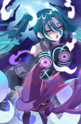 Rule 34 | 1girl, aqua hair, creatures (company), detached sleeves, game freak, gen 4 pokemon, ghost, ghost miku (project voltage), glitch, gradient hair, grey shirt, hatsune miku, highres, kotatsukarakita, long hair, looking at viewer, mismagius, multicolored hair, necktie, nintendo, open mouth, pale skin, pokemon, pokemon (creature), project voltage, see-through, see-through skirt, shirt, skirt, sleeves past fingers, sleeves past wrists, twintails, very long hair, vocaloid, will-o&#039;-the-wisp (mythology), yellow eyes