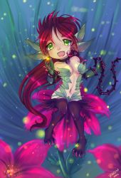 Rule 34 | 1girl, angelpaw, bare shoulders, brandi, breasts, chibi, claws, earrings, extra ears, fang, flower, glowing, green eyes, highres, jewelry, leaf, league of legends, long hair, monster girl, navel, necklace, open mouth, plant, red hair, sitting, solo, thorns, very long hair, vines, zyra