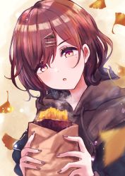 Rule 34 | 1girl, autumn, black hoodie, blurry, blurry foreground, brown hair, commentary, drawstring, dutch angle, eating, food, ginkgo tree, hair ornament, hairclip, highres, higuchi madoka, holding, holding food, hood, hood down, hoodie, idolmaster, idolmaster shiny colors, kataageteto, mole, mole under eye, open mouth, purple eyes, roasted sweet potato, short hair, solo, sweet potato, swept bangs, upper body, yellow background
