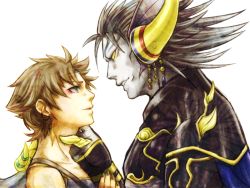 Rule 34 | 1990s (style), 2boys, alternate costume, alternate form, armor, bare shoulders, black hair, blue eyes, brown hair, bartz klauser, colored sclera, dissidia final fantasy, earrings, exdeath, eye contact, facial mark, final fantasy, final fantasy v, horns, jewelry, looking at another, male focus, messy hair, multiple boys, nail polish, neo exdeath, nigou (equal1014), no pupils, pale skin, spiked hair, white background, yaoi, yellow eyes, yellow sclera
