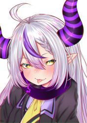 Rule 34 | 1girl, :p, ahoge, ascot, black horns, braid, braided bangs, coat, coat dress, collar, demon horns, fang, fang out, grey hair, highres, hololive, horns, la+ darknesss, la+ darknesss (1st costume), looking at viewer, metal collar, multicolored hair, naimeow, pointy ears, purple coat, purple hair, smile, solo, streaked hair, striped horns, tongue, tongue out, virtual youtuber, yellow ascot, yellow eyes