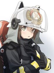 Rule 34 | 1girl, absurdres, arknights, black gloves, blush, brown eyes, brown hair, chest harness, drawdrawdeimos, fire extinguisher, firefighter jacket, gloves, hands up, harness, highres, jacket, long sleeves, looking at viewer, open mouth, shaw (arknights), short hair, simple background, solo, upper body, walkie-talkie, white background
