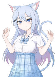 Rule 34 | 1girl, absurdres, animal ear fluff, animal ears, blue bow, blue eyes, blue hair, blue skirt, bow, breasts, cat ears, cat girl, cat tail, closed mouth, collared shirt, commentary request, dress shirt, gradient hair, hair between eyes, hair ornament, hands up, highres, long hair, looking at viewer, medium breasts, multicolored hair, original, pink hair, pleated skirt, sato art, shirt, short sleeves, simple background, skirt, smile, solo, tail, very long hair, white background, white shirt