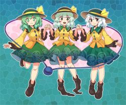 Rule 34 | 3girls, aqua background, black hat, blush stickers, boots, bow, brown footwear, brown legwear, closed mouth, frilled sleeves, frills, full body, green eyes, green hair, green hat, green skirt, grey eyes, hand up, hands up, hat, hat bow, heart, heart of string, holding hands, itatatata, komeiji koishi, leg up, long sleeves, looking at viewer, loose socks, medium hair, multiple girls, multiple persona, open mouth, shirt, skirt, smile, socks, stained glass, standing, standing on one leg, touhou, wavy hair, white hair, wide sleeves, yellow bow, yellow shirt