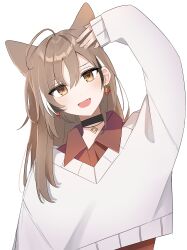 Rule 34 | 1girl, absurdres, ahoge, alternate costume, animal ears, arm up, berry, black choker, brown eyes, brown hair, casual, choker, collared shirt, crop top, dress shirt, earrings, fang, fingernails, food-themed earrings, highres, hololive, hololive english, jewelry, long sleeves, looking at viewer, multicolored hair, nanashi mumei, necklace, red shirt, shirt, smug, streaked hair, sweater, virtual youtuber, white sweater, wolf ears, xx tk9