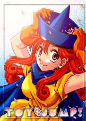 Rule 34 | 1girl, alena (dq4), cape, cherry blossoms, chunsoft, dragon quest, dragon quest iv, dress, earrings, enix, fu-ka, gloves, hat, jewelry, long hair, petals, red eyes, red hair, smile, solo, yellow dress