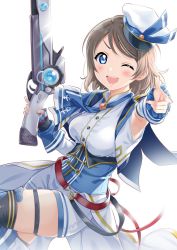 Rule 34 | 1girl, alternate costume, armpits, asymmetrical sleeves, belt, blue eyes, blush, breasts, corset, crossover, detached sleeves, granblue fantasy, grey hair, gun, hand gesture, hat, hat ribbon, highres, legband, love live!, love live! sunshine!!, medium breasts, necktie, one eye closed, pointing, pointing at viewer, ribbon, sailor hat, sankuro (agoitei), short hair, shorts, simple background, solo, thigh strap, thighhighs, uneven sleeves, vest, waist cape, watanabe you, weapon, white background, zettai ryouiki