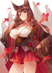 Rule 34 | 1girl, akagi (azur lane), animal ears, azur lane, breasts, brown coat, brown gloves, brown hair, brown tail, cleavage, cleavage cutout, clothing cutout, coat, gloves, half gloves, kitsune, kyuubi, large breasts, large tail, long hair, looking at viewer, magic, metal belt, miniskirt, multiple tails, open clothes, open coat, partially fingerless gloves, pleated skirt, red skirt, sakuramon, sea nami, skirt, solo, standing, tail, wide sleeves