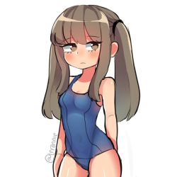 Rule 34 | 1girl, armpits, bad id, bad twitter id, bathing, black outline, blue one-piece swimsuit, blush, borrowed character, breasts, brown eyes, brown hair, cleavage, commentary, expressionless, eyelashes, hairband, ler0nnie, long hair, looking to the side, meme, one-piece swimsuit, original, outline, sidelocks, simple background, sketch, small breasts, solo, swimsuit, twintails, twitter username, white background