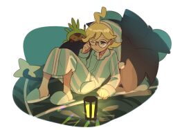 Rule 34 | 1boy, ahoge, blonde hair, chespin, clemont (pokemon), closed mouth, collared shirt, commentary request, creatures (company), game freak, gen 4 pokemon, gen 6 pokemon, glasses, hand up, highres, lantern, long sleeves, luxray, male focus, medium hair, nintendo, one eye closed, pants, pokemon, pokemon (creature), pokemon xy, round eyewear, shirt, slippers, suikaels