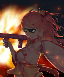 Rule 34 | 1girl, :3, ahoge, arm up, bell, black background, blush, breasts, closed mouth, commentary, deal with it (meme), detached sleeves, embers, explosion, floral print, grenade launcher, hair bell, hair ornament, hair ribbon, hand in own hair, highres, holding, holding weapon, hololive, japanese clothes, kimono, large breasts, long hair, looking at viewer, meme, meme attire, nontraditional miko, obi, paw print, paw print pattern, pink hair, ribbon, rocket launcher, rpg (weapon), sakura miko, sakura miko (1st costume), sangan 35p, sash, side ponytail, sideboob, simple background, smile, solo, sunglasses, tassel, tinted eyewear, upper body, virtual youtuber, weapon, white kimono, wide sleeves, wing collar, x hair ornament