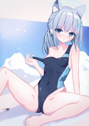 Rule 34 | 1girl, animal ear fluff, animal ears, black one-piece swimsuit, blue archive, blue eyes, breasts, clothes pull, competition swimsuit, covered navel, cross hair ornament, extra ears, feet out of frame, grey hair, hair ornament, halo, highres, looking at viewer, low ponytail, medium breasts, medium hair, mismatched pupils, multicolored clothes, multicolored swimsuit, official alternate costume, one-piece swimsuit, one-piece swimsuit pull, sarla, shiroko (blue archive), shiroko (swimsuit) (blue archive), solo, spread legs, swimsuit, wolf ears