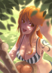 Rule 34 | 1girl, bikini, breasts, catwyz, cleavage, dappled sunlight, day, food, fruit, highres, large breasts, long hair, looking at viewer, matching hair/eyes, nami (one piece), one piece, open mouth, orange (fruit), orange eyes, orange hair, outdoors, shadow, smile, solo, sunlight, swimsuit, tattoo, tree shade