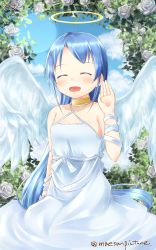 Rule 34 | 10s, 1girl, :d, absurdres, alternate costume, arm ribbon, bare shoulders, blue hair, blush, breasts, choker, closed eyes, cloud, collarbone, commentary request, criss-cross halter, day, dress, eyebrows, facing viewer, flower, gradient hair, halo, halterneck, hand up, highres, jewelry, kantai collection, leaf, lens flare, long hair, mae (maesanpicture), multicolored hair, numbered, open mouth, outdoors, ribbon, rose, samidare (kancolle), signature, silver dress, silver ribbon, sitting, sky, sleeveless, sleeveless dress, small breasts, smile, solo, swept bangs, twitter username, very long hair, white dress, white flower, white ribbon, white rose, wings