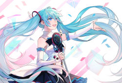 Rule 34 | 1girl, :d, black skirt, blue eyes, blue hair, detached sleeves, floating hair, hair between eyes, hat, hatsune miku, highres, holding, holding microphone, long hair, magical mirai (vocaloid), magical mirai miku, magical mirai miku (2017), microphone, microphone stand, miniskirt, open mouth, outstretched arm, pleated skirt, shirt, skirt, sleeveless, sleeveless shirt, smile, solo, standing, twintails, very long hair, vocaloid, white shirt, xianyu314